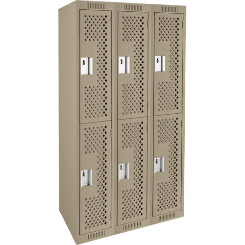 Clean Line Lockers, 2 -tier, Bank of 3, 36" x 12" x 72", Steel, Beige, Rivet (Assembled), Perforated Buying Direct Corp.