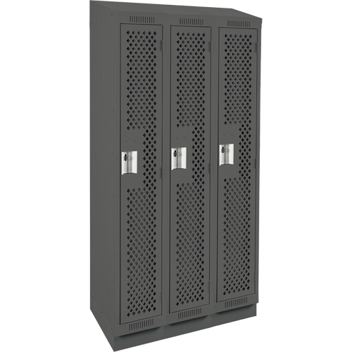 Clean Line Lockers, Bank of 3, 36" x 15" x 82", Steel, Charcoal, Rivet (Assembled), Perforated Buying Direct Corp.