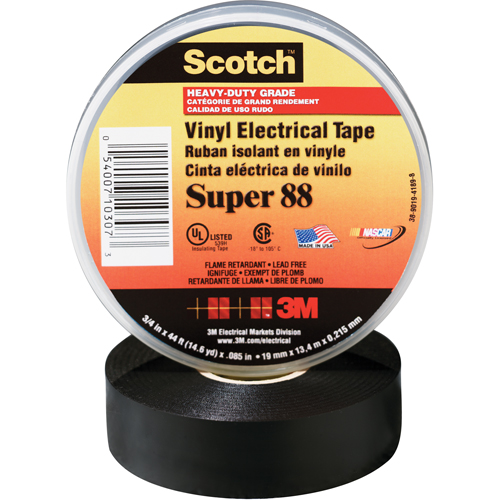 Scotch&reg; Super 88 Tape, 19 mm (3/4") x 20.1 m (66'), Black, 8.5 mils Buying Direct Corp.